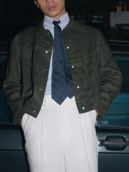 [J1LN-OLIVE] Linen trucker jacket - แจ๊คเก๊ตลินินทรงครอป