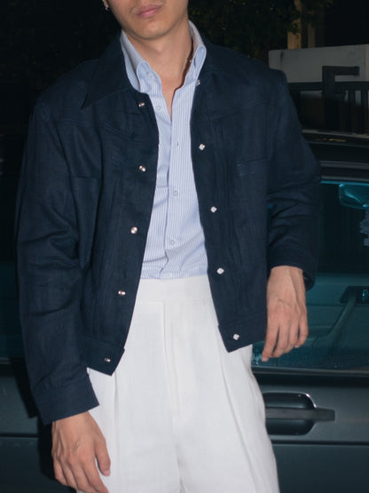 [J1LN-NAVY] Linen trucker jacket - แจ๊คเก๊ตลินินทรงครอป