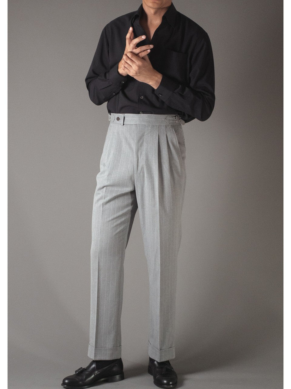 [T9SP-LIGHTG] กางเกงขายาวเอวสูง ลาย Pinstripe Classic High Waist Trousers "LIGHT GRAY"