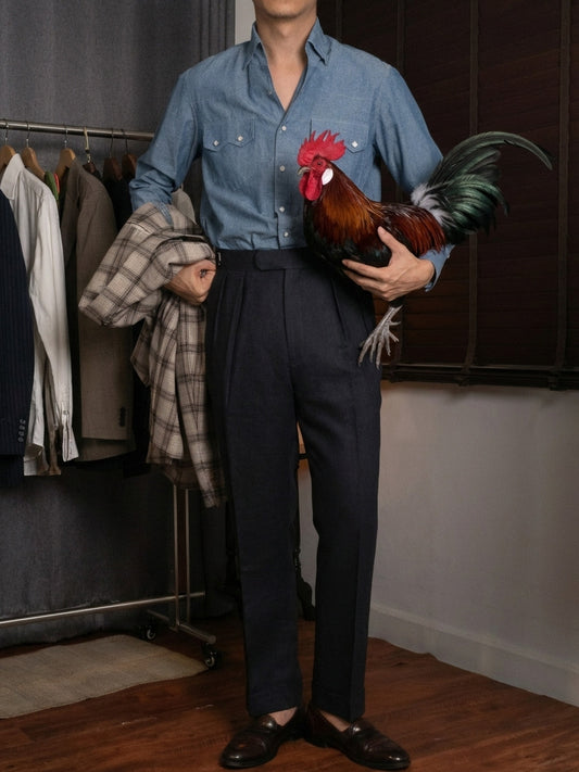 [T12LN-NAVY] กางเกงลินินขายาวเอวสูง Classic High Waist Trousers โมเดล T12LN สี Navy