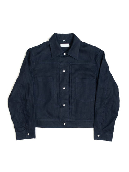 [J1LN-NAVY] Linen trucker jacket - แจ๊คเก๊ตลินินทรงครอป