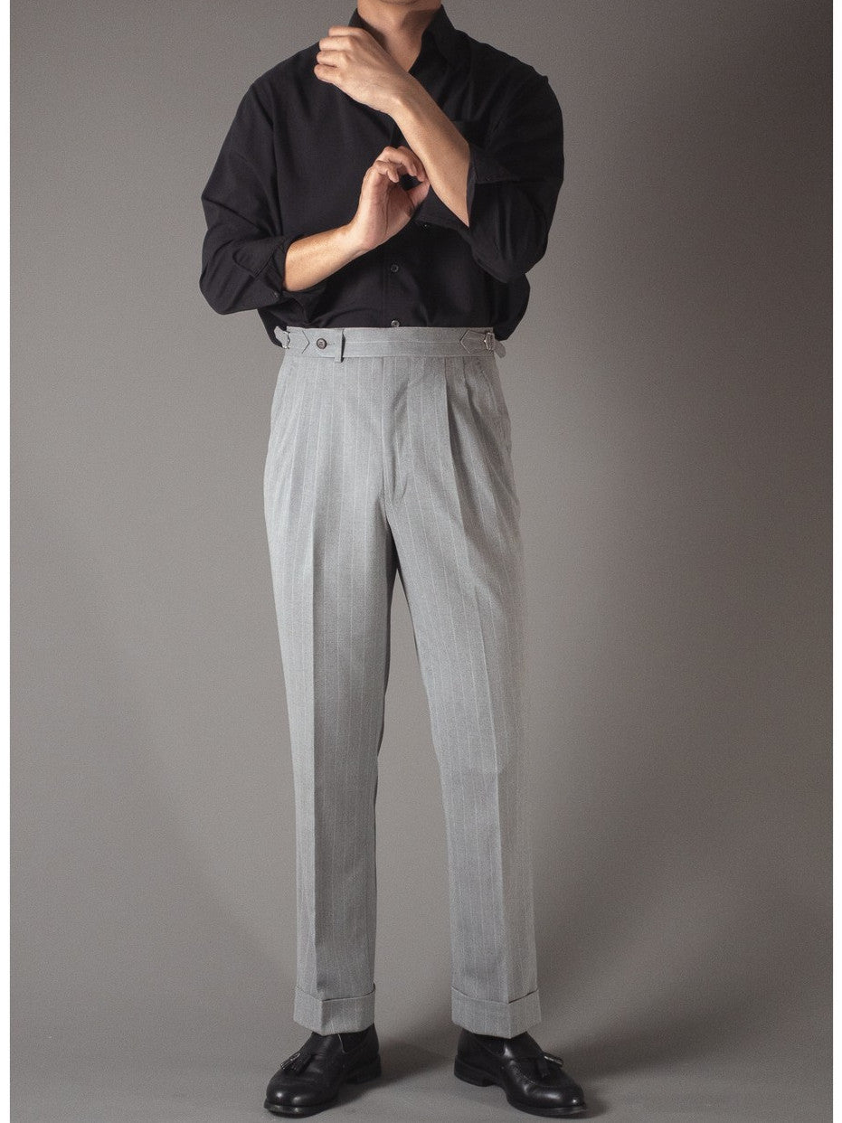 [T9SP-LIGHTG] กางเกงขายาวเอวสูง ลาย Pinstripe Classic High Waist Trousers "LIGHT GRAY"