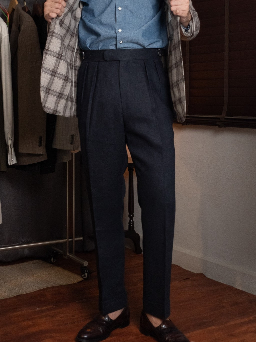 [T12LN-NAVY] กางเกงลินินขายาวเอวสูง Classic High Waist Trousers โมเดล T12LN สี Navy