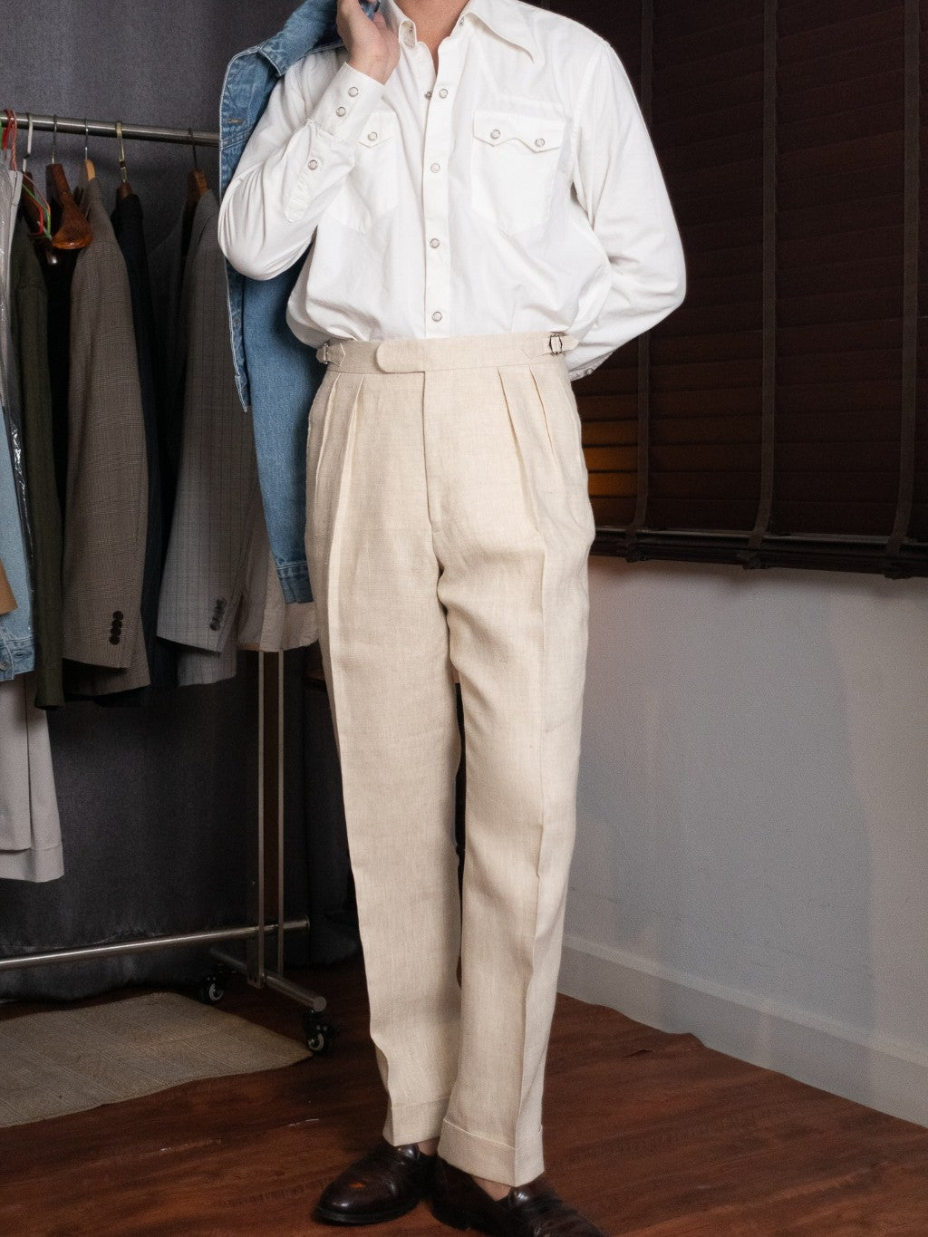 [T12LN-BEIGE] กางเกงลินินขายาวเอวสูง Classic High Waist Trousers โมเดล T12LN สี Beige