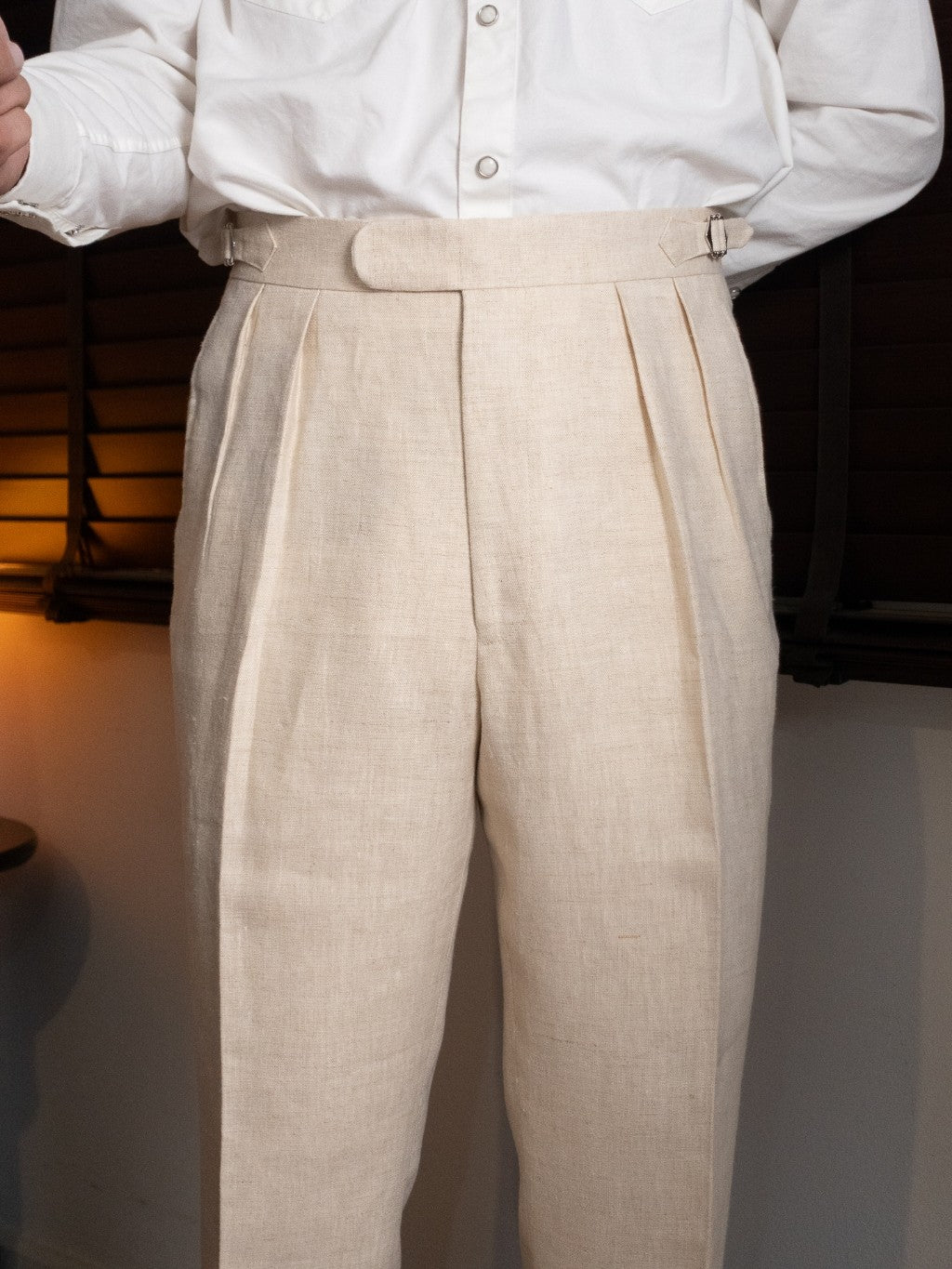 [T12LN-BEIGE] กางเกงลินินขายาวเอวสูง Classic High Waist Trousers โมเดล T12LN สี Beige