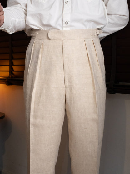 [T12LN-BEIGE] กางเกงลินินขายาวเอวสูง Classic High Waist Trousers โมเดล T12LN สี Beige