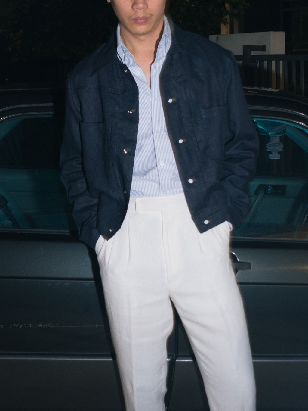 [J1LN-NAVY] Linen trucker jacket - แจ๊คเก๊ตลินินทรงครอป