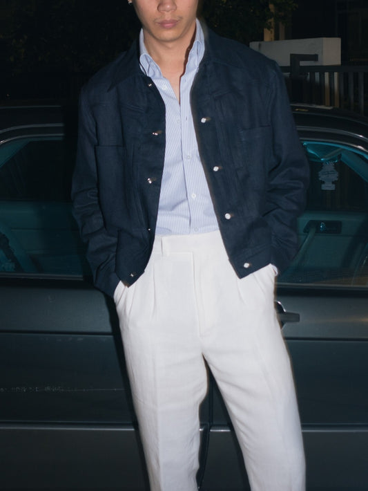 [J1LN-NAVY] Linen trucker jacket - แจ๊คเก๊ตลินินทรงครอป
