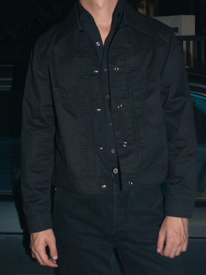 [J1CTN-BLACK] Cotton trucker jacket - แจ๊คเก๊ตคอตตอนทรงครอป