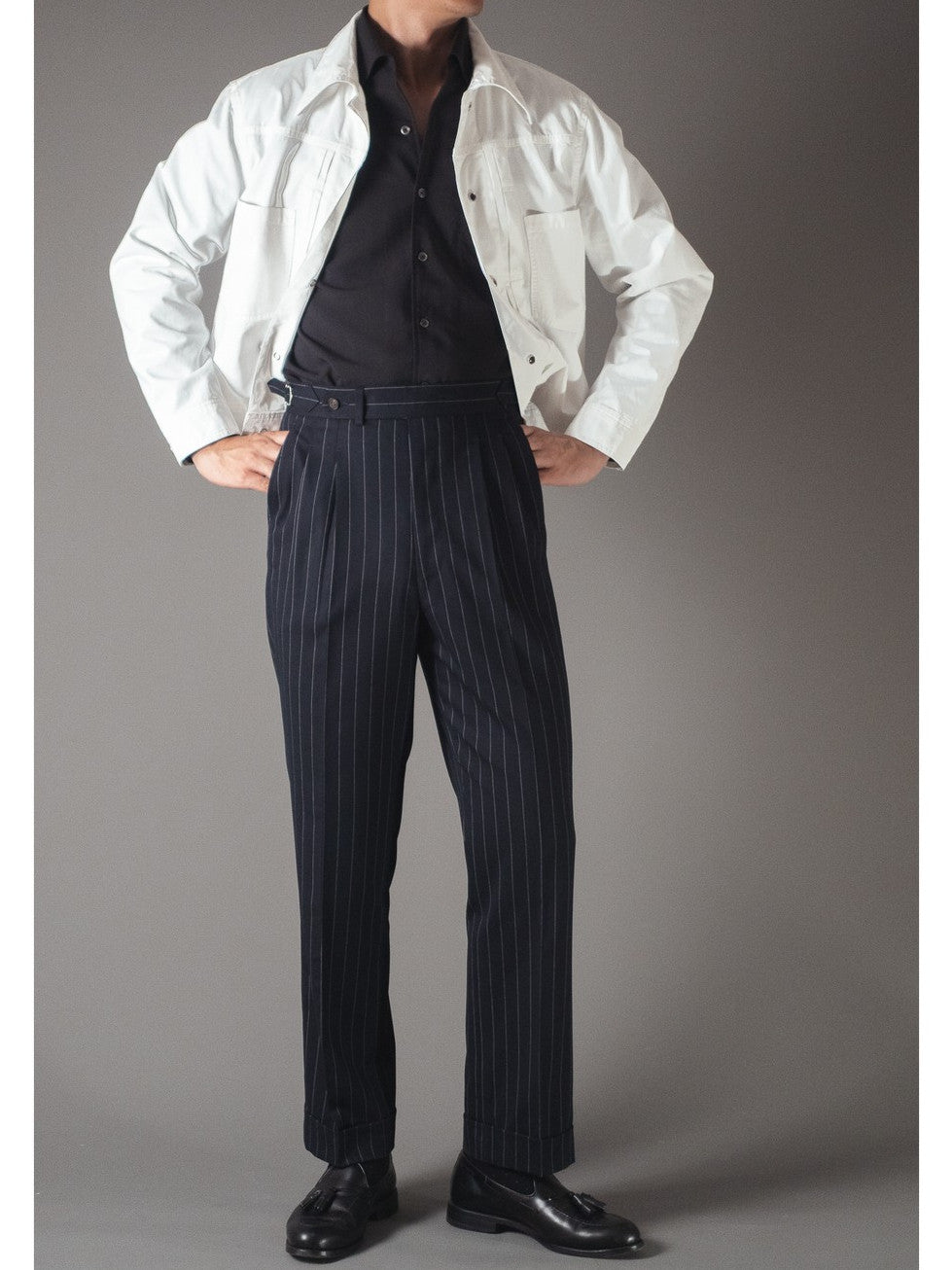 [T9SP-DARKG] กางเกงขายาวเอวสูง ลาย Pinstripe Classic High Waist Trousers "DARK GRAY"