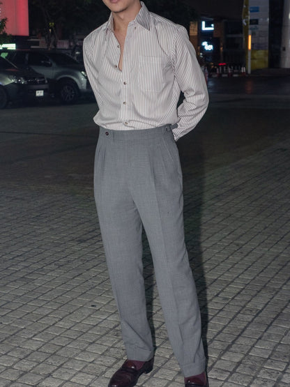 [S5S-BROWN] เสื้อเชิ้ต Classic collar hidden button down ผ้าคอตตอน 100% ลายทาง (Brown stripe)
