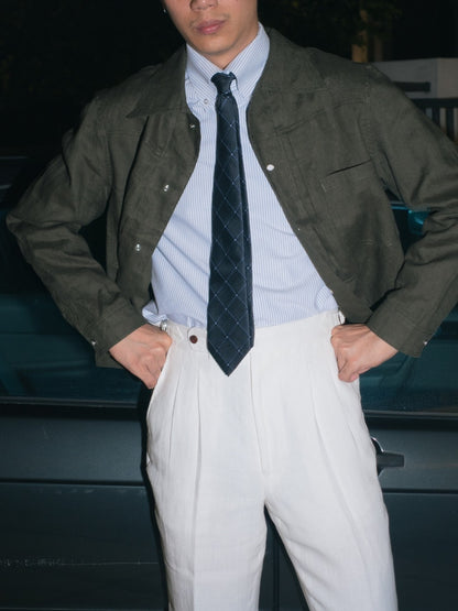 [J1LN-OLIVE] Linen trucker jacket - แจ๊คเก๊ตลินินทรงครอป