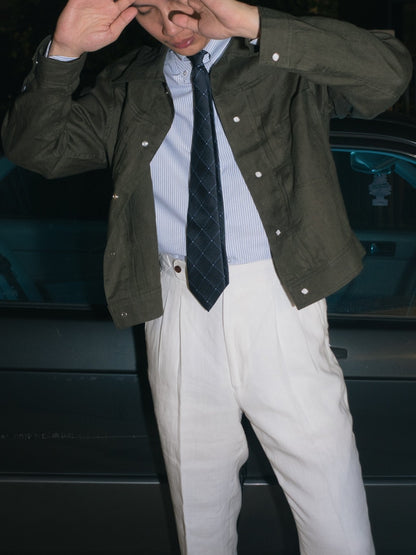 [J1LN-OLIVE] Linen trucker jacket - แจ๊คเก๊ตลินินทรงครอป