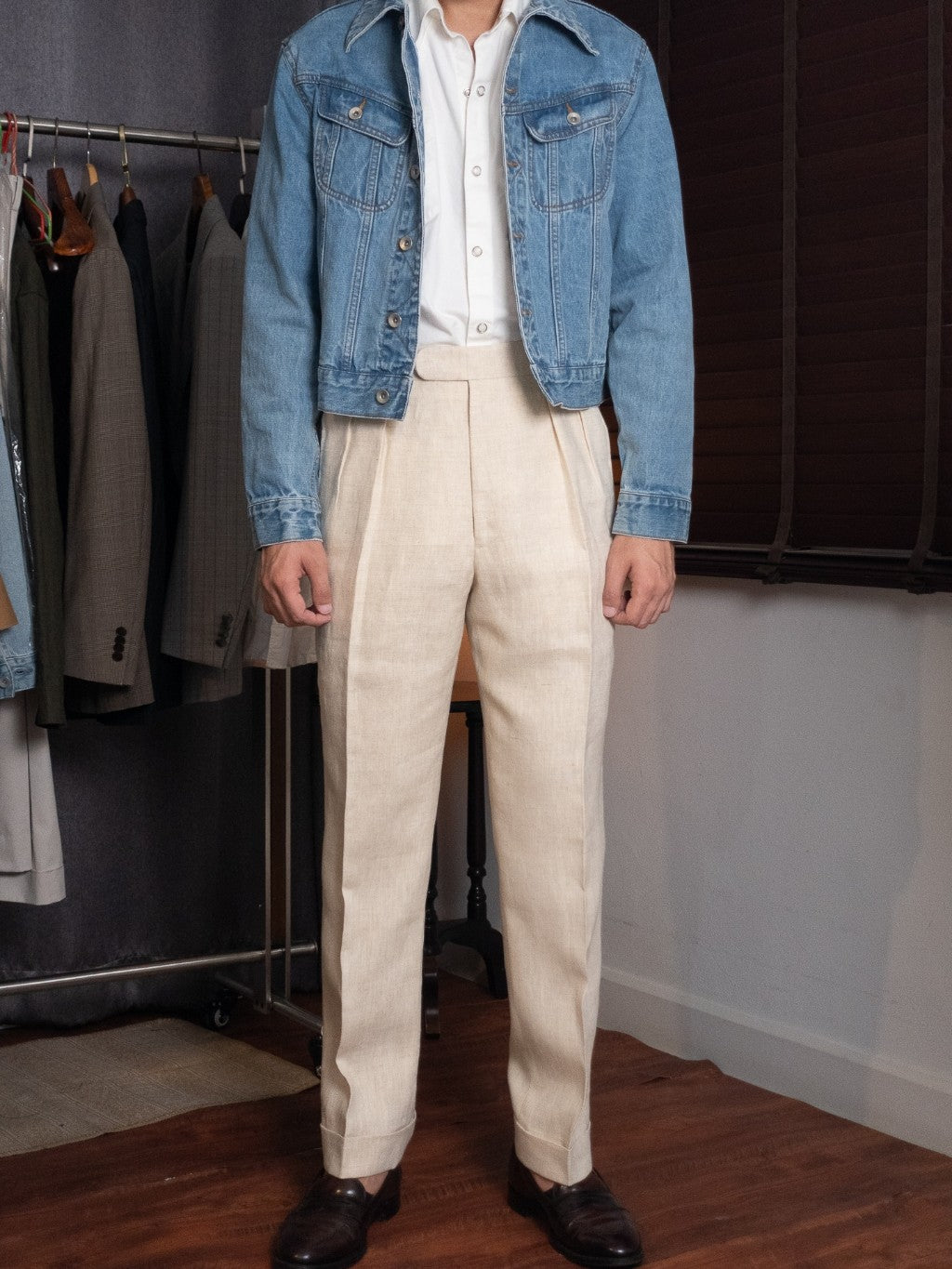 [T12LN-BEIGE] กางเกงลินินขายาวเอวสูง Classic High Waist Trousers โมเดล T12LN สี Beige