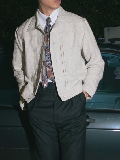 [J1LN-BEIGE] Linen trucker jacket - แจ๊คเก๊ตลินินทรงครอป