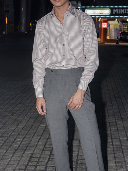 [S5S-BROWN] เสื้อเชิ้ต Classic collar hidden button down ผ้าคอตตอน 100% ลายทาง (Brown stripe)